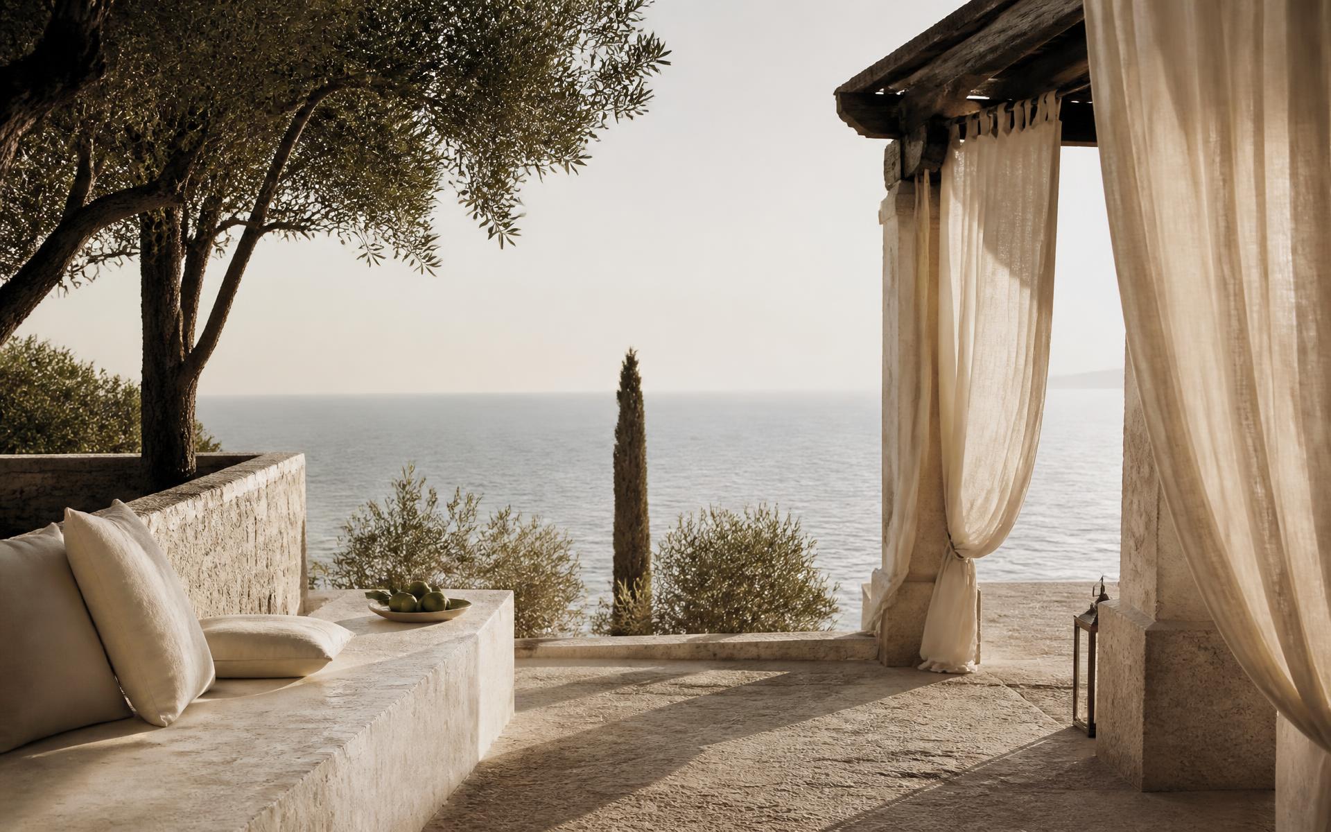Stone terrace of a boutique Mediterranean hotel shaded by an olive tree, overlooking the sea
